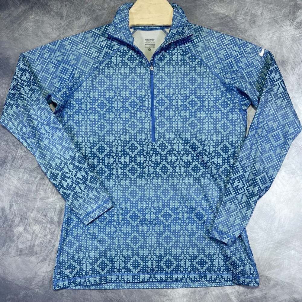Nike Pro Quarter Zip Pullover Size XL Blue Patterned Long Sleeve Dri-Fit